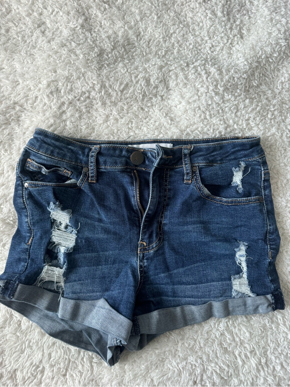 RSQ Dark Blue Distressed Denim Roll-Cuff Shorts